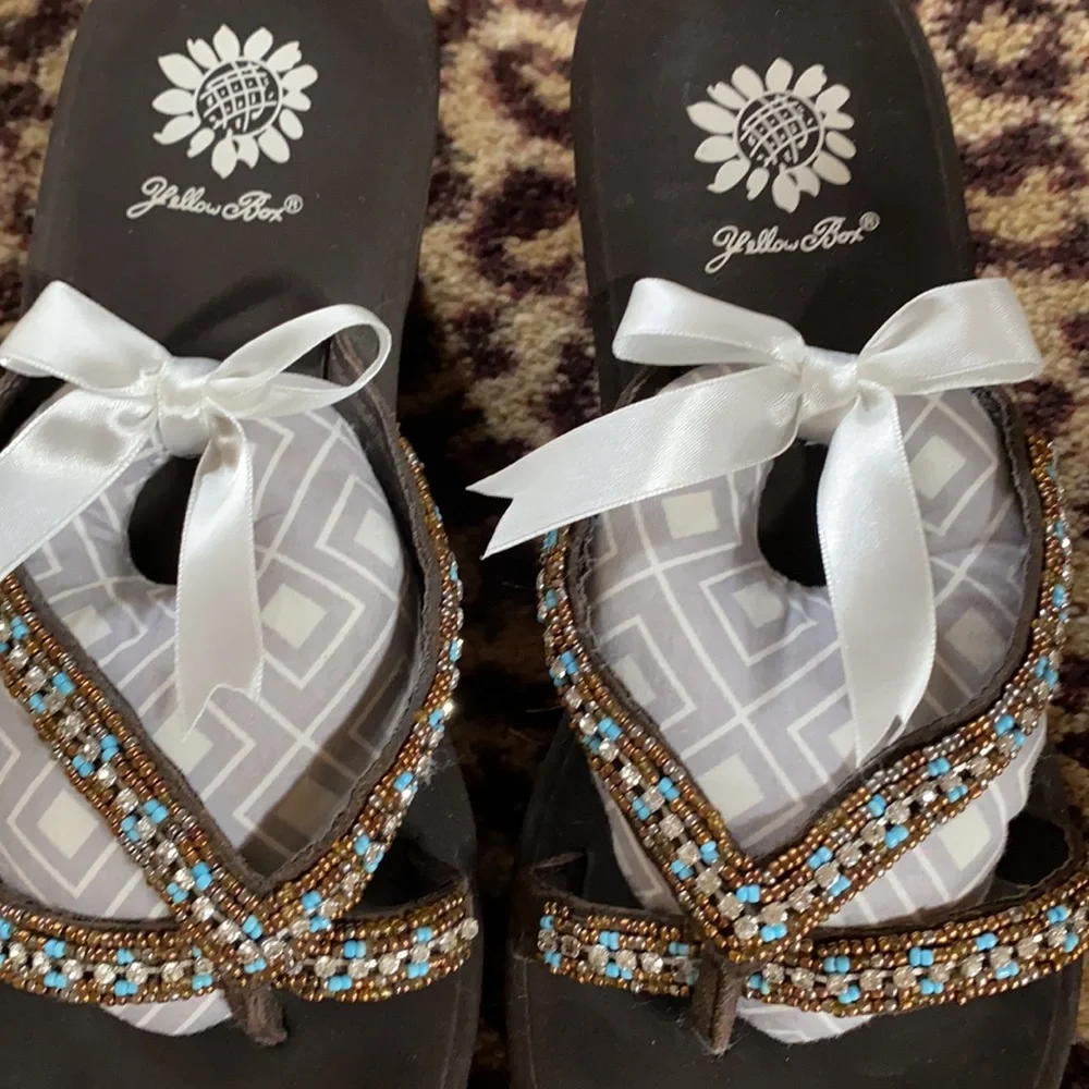 Yellow Box Brown Beaded Thong Sandals with Turquoise Accents - Picture 5 of 6